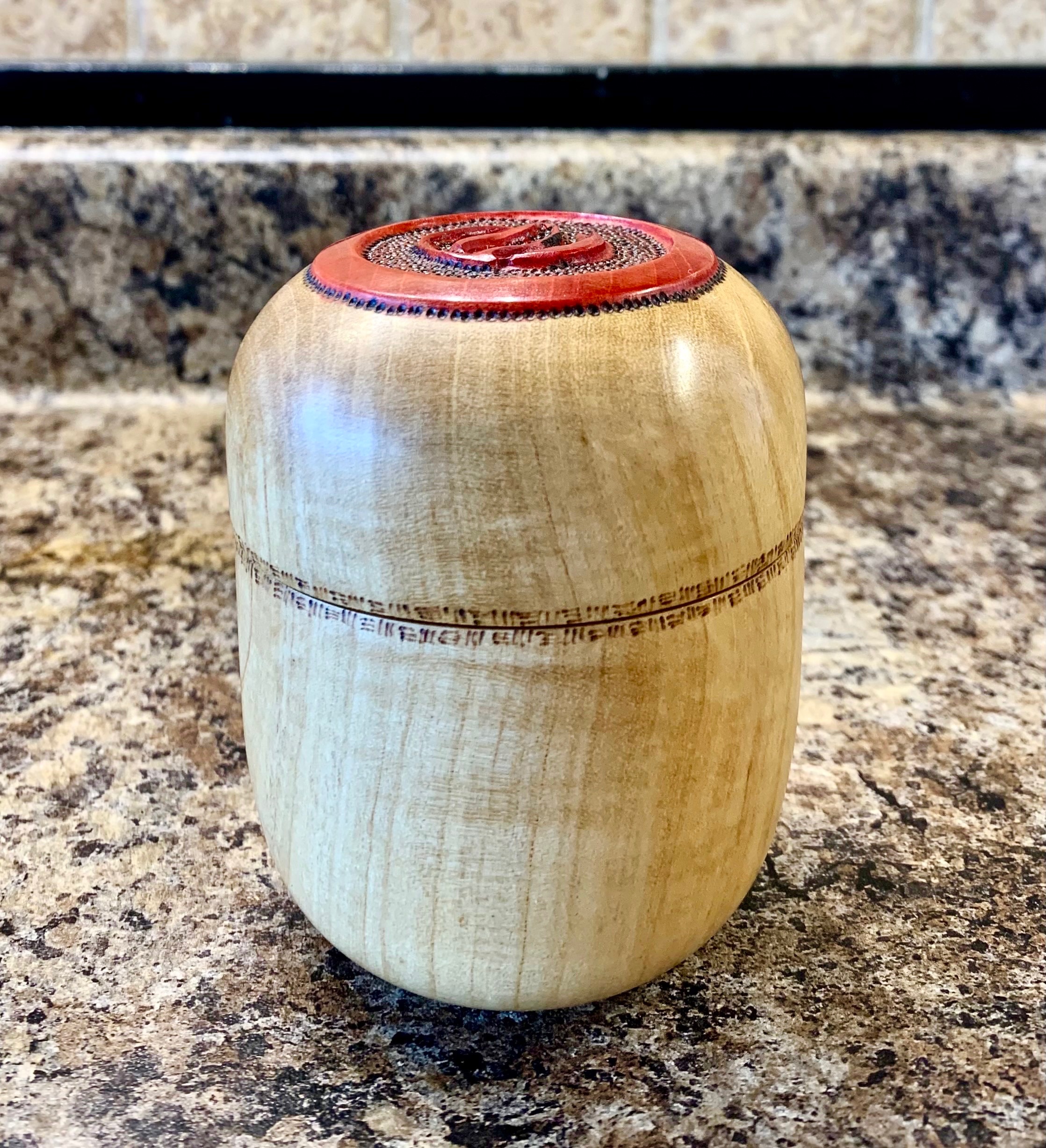 Ash Box, power-carved, wood burned, & colored.