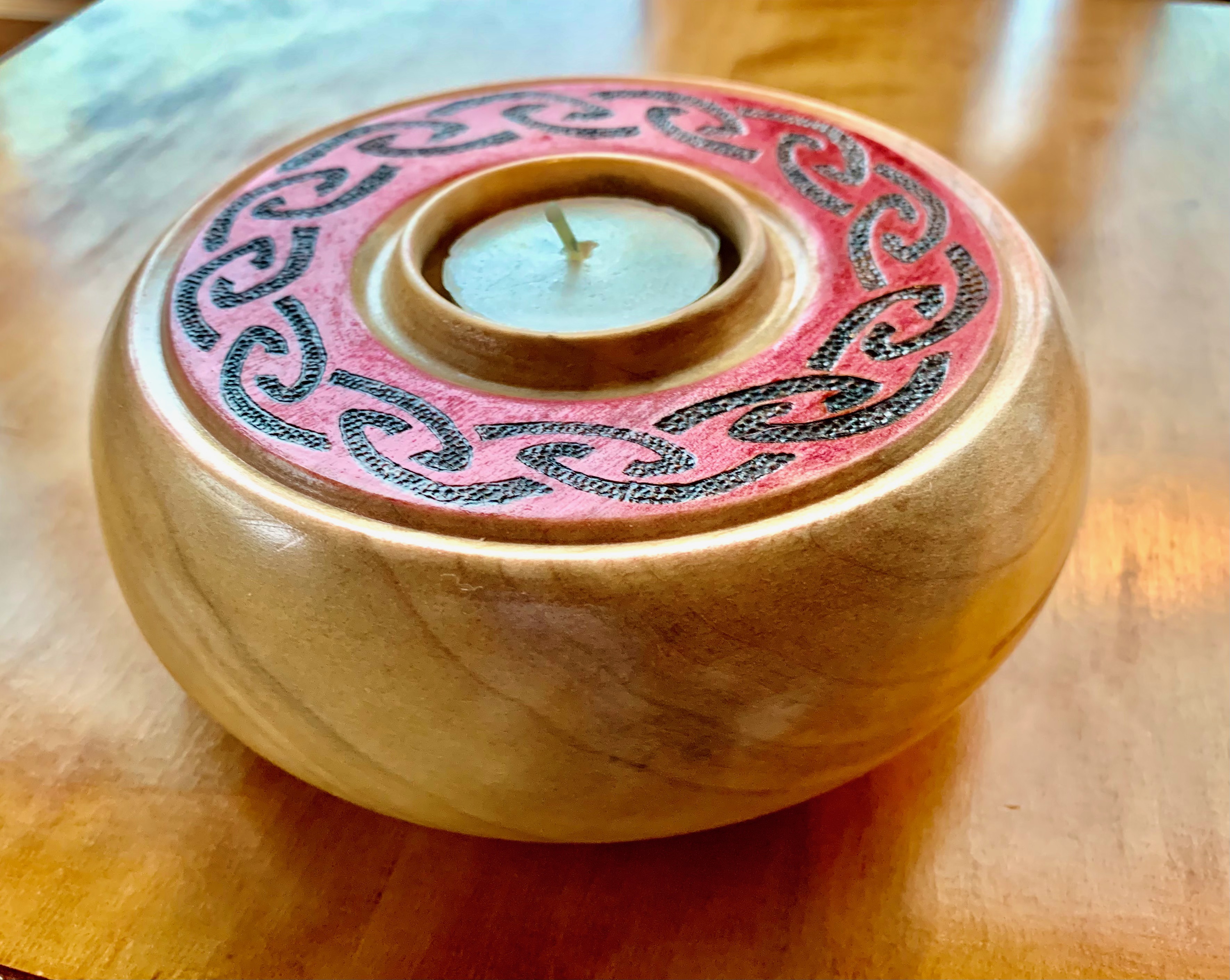 Decorated with Celtic design in pyrography & red water color pencil background. 